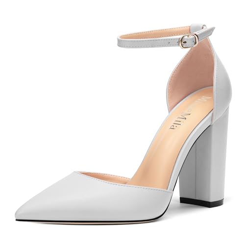 Ankle Strap Heels for Women,Chunky Block Closed Pointed Toe Matte Pumps,Dress Wedding Party Shoes 3 Inch
