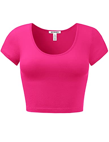 KEYBORN Women's Cotton Basic Scoop Neck Crop Short Sleeve Pajama Tops HOTPINK M