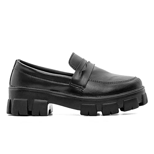 Sapato Mocassim Feminino Oxford Casual Solado Plataforma Tratorado Vintage - Preto/34