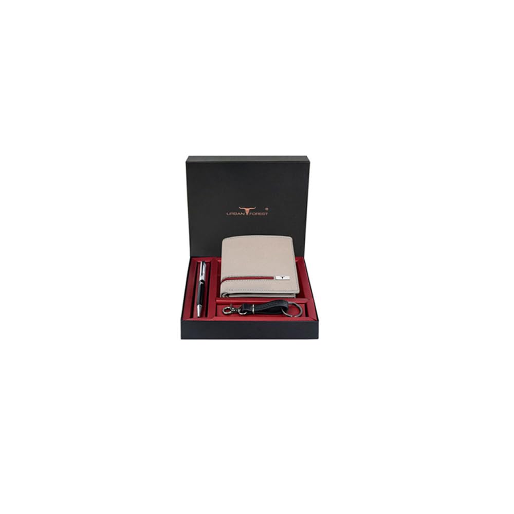 URBAN FOREST Shay Sand/Red Leather Wallet, Diamond Pen & Keychain Combo Gift Set for Men