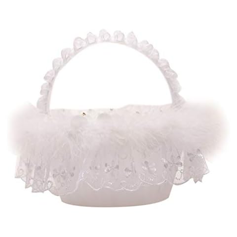 1PC Wedding flower girl basket decorated with satin lace and ostrich feathers (basket: 8 inches wide and 4 inches high (excluding handles)) (white) Cover