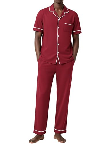 Ekouaer Mens Cotton Pajama Set Short Sleeve Button Down Sleepwear Pjs