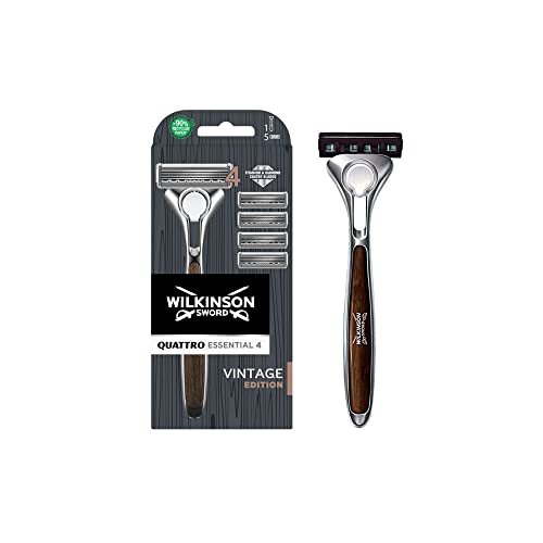 Wilkinson Sword Quattro Vintage Edition   Maquinilla De Afeitar De 4 Hojas De Titanio + Hoja De Precisión Extra Con 4 Recambios De Cuchillas Con Banda Lubricante Protectora, Marrón