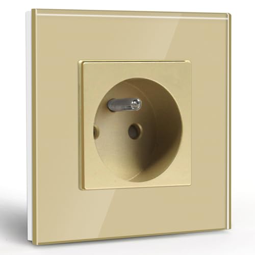 BSEED Prise Murale,Standard Français 16A Single Prise de Courant Alternatif avec Panneau en Verre Cristal (1 Prise, Or)