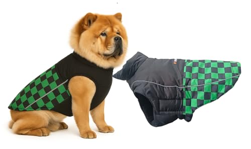 Image of The Pets Company Dog Winter Coat Jacket, Clothes, Windproof, Waterproof, Light Weight, Washable, Ultra Warm Thick Fleece Lined Dog Vest for Cold Weather Protection, (Green Check, Large - 24 Inch)