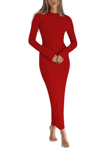 Image of Dressmine Women Long Sleeve Bodycon Maxi Dresses Sexy Wedding Party Pencil Dress Fall Trendy Casual Ribbed Midi Dress 2026