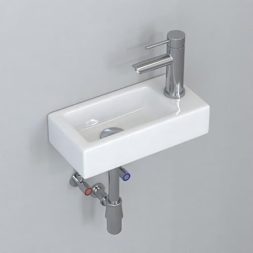 Recopilación de Lavabos de montaje en pared los 10 mejores. 49 J-FAMILY - Fregadero de baño pequeño para lavabo de pared, rectangular, de cerámica, para montaje en pared, para mano derecha