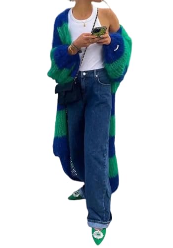 Famnbro Womens Long Cardigan Sweaters Striped Color Block Long Sleeve Open Front Duster Chunky Comfy Sweater Coat