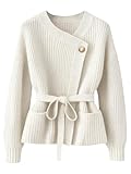 Verdusa Women's Old Money Ribbed Knit Cardigan Long Sleeve Asymmetrical Belted Sweaters Apricot Small