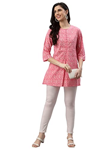 Image of Yash Gallery Women's Cotton Regular Fit Short Floral Printed Kurta