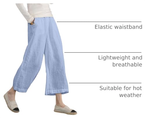 Image of ECUPPER Womens Cotton Cropped Pants Loose Fit Wide Leg Trousers | Casual, Plus Size, Elastic Waist, Capri, 100% Cotton, Slant Pockets, High Rise Waist, Lounge Pants