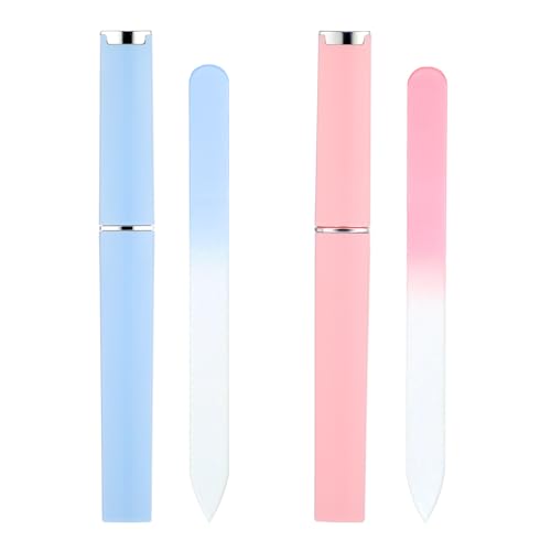 Lot de 2 limes à ongles en verre pour ongles naturels - Limes en verre double face pour ongles - Lime à ongles en cristal avec étui (rose + bleu)