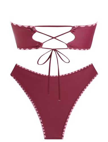 Image of ZAFUL Women Strapless Textured Bandeau Bikini 2 Piece Swimwear Cheeky Solid Lace up Bathing Suits