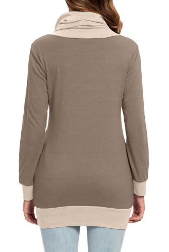 levaca Long Sleeve Shirts for Women Casual Fall Tunic Tops Cowl Neck Sweatshirts With Pockets Color Block Light Coffee M