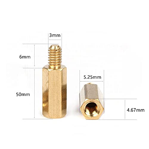 M3 50+6mm Male Female Brass Hex Standoff Spacer Screws PCB Pillars Screw Nuts, 20Pcs