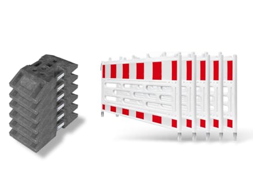 Schrankenzaun Set 5 Stück Absperrzaun/Baustellenzaun inkl. 6x K1 Fußplatten Mobil & Stabil Ideal zur Baustellen-Absicherung Events & Absperrungen Robuste Kunststoffkonstruktion