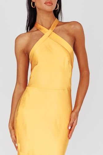 Satin Bridesmaid Dress for Women Bodycon Halter Backless Floor Length Formal Party Dresses KA0022