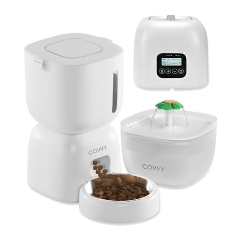 Automatic Cat Feeder and Cat Water Dispenser, Cat Food Dispenser with LCD Screen, Timer Pet Feeder for Cat & Dog, Locking Lid, Desiccant Bag, 1-4 Meals Portion Control, Dual Power, 10s Voice Recorder Cover
