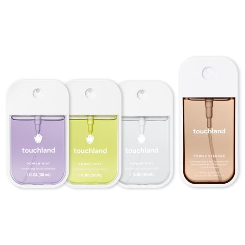 Touchland BLOSSOM WHISPER SET, Power Mist Hydrating Hand Sanitizer Spray, (Lavender, Vanilla, Rainwater), 1 FL. OZ. + Vanilla Velvet Body & Hair Fragrance Mist, 2 FL. OZ.,Travel Size Set