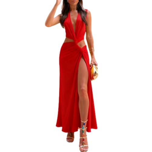 Image of Women's Dress Elegant Sexy Deep-V Neck Long Dress | Women's Dress Elegant Sexy Long Dress Sleeveless Deep-V Neck Cut-out High-Split Maxi Dress for Party