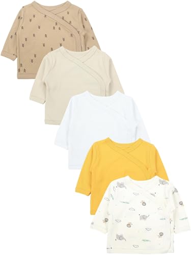 TupTam Camiseta Manga Larga para Bebé Niño, Paquetes de 5, Marrón_Amarillo_Animales_Beige_Gris, 62