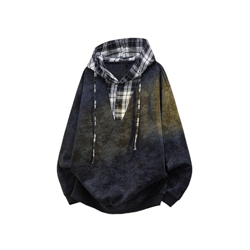 Generisch Moderna sudadera con capucha para hombre con diseño de cuadros de bloques de colores para la temporada fría 2025 como cómoda chaqueta de ocio, Negro , M