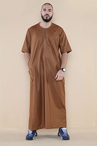 Mens Thobe Jubba Islamic Clothing Kaftan Half Sleeve Robe Moroccan Arab Zipped4