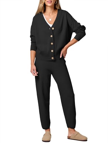 ANRABESS Women 2 Piece Lounge Sets 2025 Fall Outfits Casual Waffle Knit Cardigan Sweater Pant Set Travel Airport Clothes