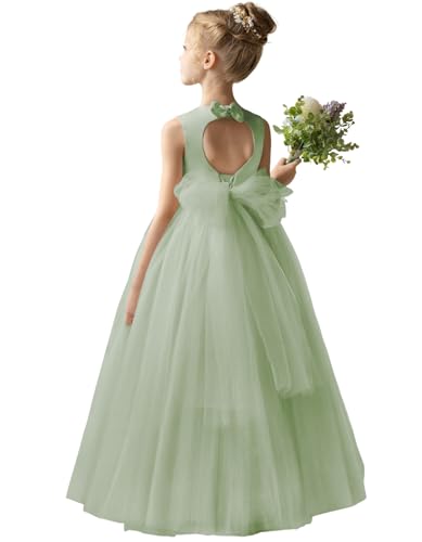 Girl's Crew Neck Tulle Flower Girls Dresses for Wedding Back Tied Bow Pageant Princess First Communion Dress