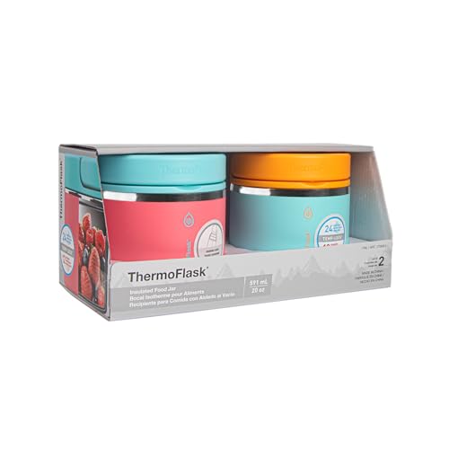 Image of ThermoFlask 20 oz Double Wall Insulated Food Jar, 2-Pack, Sugar Coral + Maui Blue /Maui Blue + Sunrise