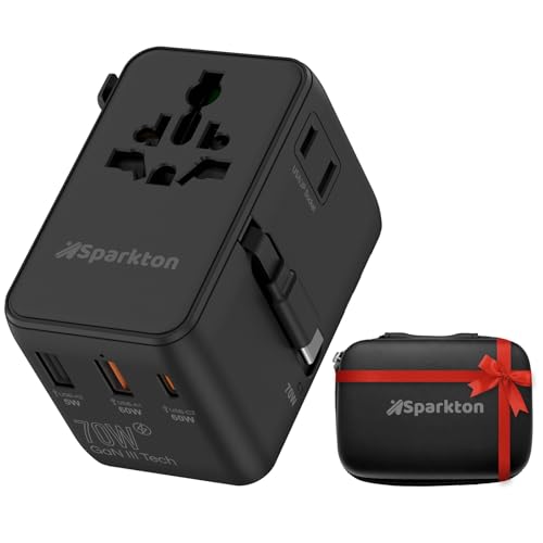 Universal Travel Adapter Fast Charger 2 USB-C + 1 USB-A with Type-C Cable Worldwide Travel Adapter for UK/EU/US/AU International Travel Charger for Phones Laptop & Devices. (70 Watts)