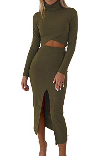 ioiom Ladies Autumn Long Sleeve Bodycon Knee Length Club Dress Green S