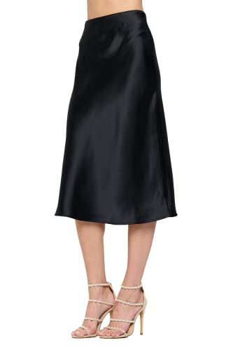 Women Solid High Waist Silky Casual Elastic Satin Midi Skirt - Made In Usa (Small, Black) #TOP1