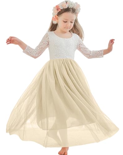 First Communion Dress Lace/Tulle Long Sleeve Flower Girl Dress Floor-Length Dresses for Wedding Garden Party 6M-14Y