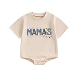FIOMVA Baby Boy Summer Clothes Newborn Bubble Romper Spring Toddler Mama's Boy Letter Bodysuit Cute Infant Outfit (A Mamas Boy Beige, 0-3 Months)