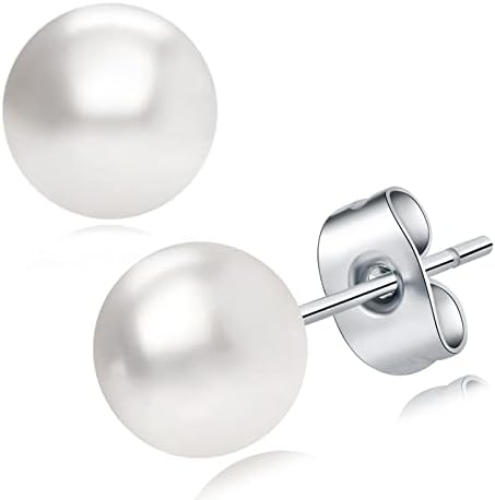 BAMIKI Stud Earrings for Women, 6-10MM Freshwater Pearl Earrings, 18K Gold Plated Hypoallergenic Lightweight Simple Handmade Everyday Jewelry Gifts for Girls/Wife/Mother White, 10-10.5MM
