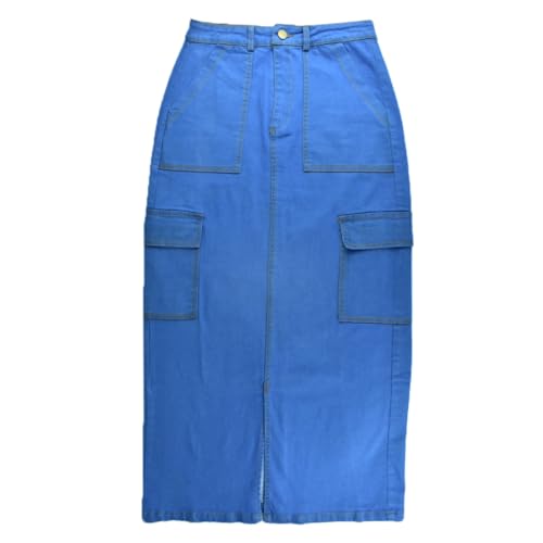 Autumn Women's Anklet Length Denim Skirts OL Cargo Skirts A-Line Stretch High Waist 4 Pockets Jean Skirts Casual Wearing Blue2