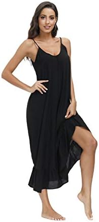 BUENOS NINOS Women's V Neck Floral Maxi Dress Boho Printed Adjustable Spaghetti Strap Ethnic Beach Long Dress with Pockets L Pure Black Dress