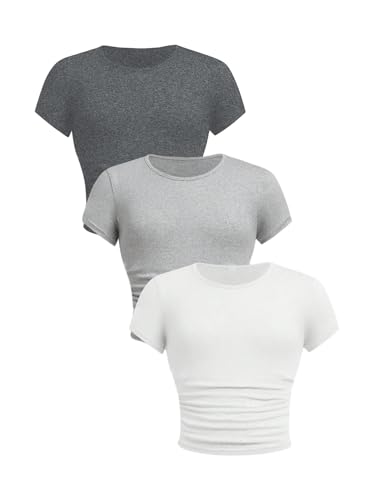 Image of SOLY HUX Girl's Basic Crop Top Set Crew Neck Short Sleeve T-Shirts 3 Packs Casual Summer Fitted Tees