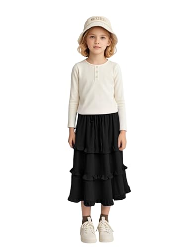 Image of Girls High Waisted Ruffle Maxi Skirt Soft Cotton Long Skirts with Elastic Waistband for Kid Girl 3-12 Years
