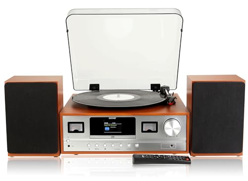 Denver MRD-52 Record Player Hi-Fi System With 2.4-inch Colour Screen - CD Player DAB/DAB+ & FM Radio Bluetooth Aux In Remote Control Wooden Body & Speakers Light Wood