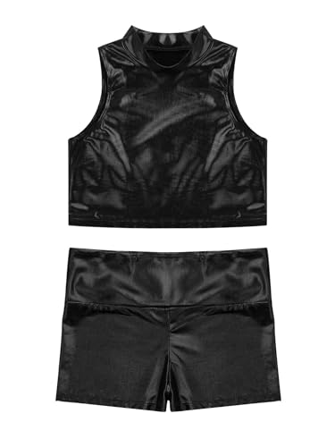 Kids Girls 2pcs Shiny Metallic Gymnastics Dance Tracksuit Sleeveless Mock Neck Crop Top Vest And Boy Shorts Set Black 10 Years3