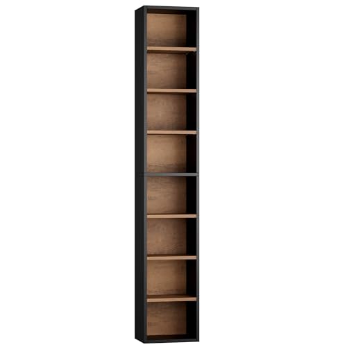 FOTOSOK 8-Tier Media Tower Rack, 11.6 X 9.3 X 71 Inches CD DVD Slim Storage Cabinet with Adjustable Shelves, Tall Narrow Bookcase Display Bookshelf for Home Office, Black/Brown