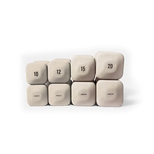 WeGym SafeGrip Square Dumbbells with Anti-Slip Handles Safe Weight Lifting Equipment for Home Gym Aesthetic Dumbbell Sets (Essential Set 10+12+15+20LB Pair - Sandstone Set)