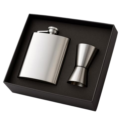 Image of Hip Flask with Peg Messurer Wine Flask Gift Set for Men & Women Stainless Steel (60ML+30ML Peg Messurer + Whiskey Flask) (Silver)