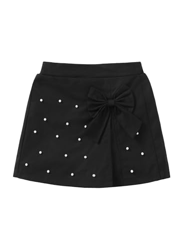 Ecolala Girls Skirts Cute Pearl Bow Front Side Split Cotton A-Line Elastic High Waisted Straight Leg Skort Summer Black 7-8 Years