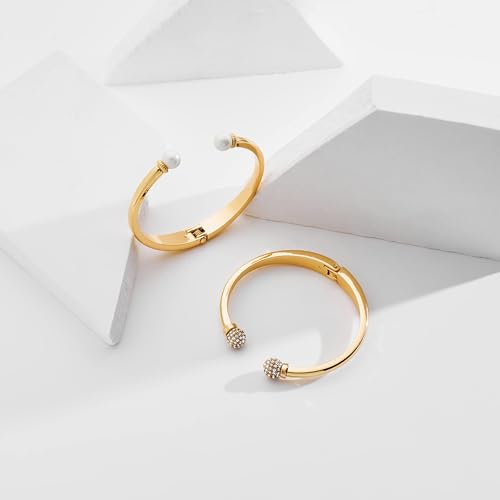 2Pcs Silver Cuff Bracelet for Women Adjustable Bangle Bracelets Set with Imitation Pearls and Rhinestones4