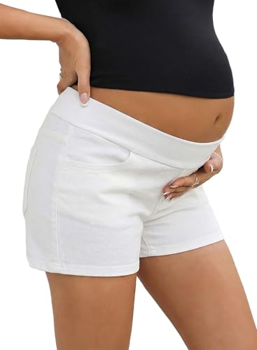 BLENCOT Maternity Jean Shorts – Classic Denim Pregnancy Shorts with Pockets, White, Size M
