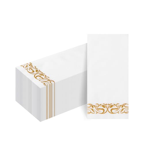 50 Pack Linen Feel Disposable White Napkins with Gold Trim,Bathroom Paper Serviettes Napkins,Soft and Absorbent Airlaid Napkin for Parties, Weddings, Dinners Events,42x30cm