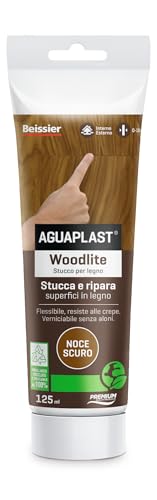Aguaplast Woodlite stucco per legno colorato. Fibrato, resiste alle dilatazioni fino al 20%. Ideale per buchi e crepe in mano unica senza ritiro. Noce scuro